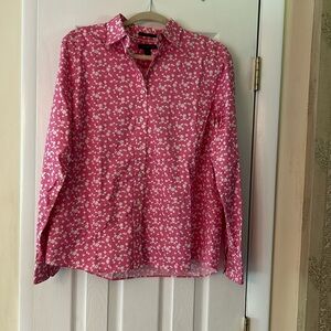 NWOT Lands End Floral Button Up Shirt Womens Size 14 Pink Long Sleeve